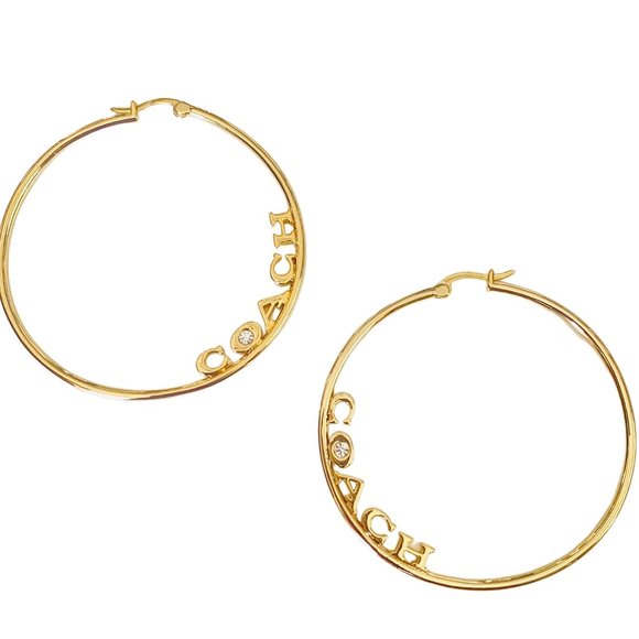 AUTH NEW COACH Gold 2 1/4" Hoop Earrings with Crystal Accent Card Tag & Dust Bag - Picture 1 of 7